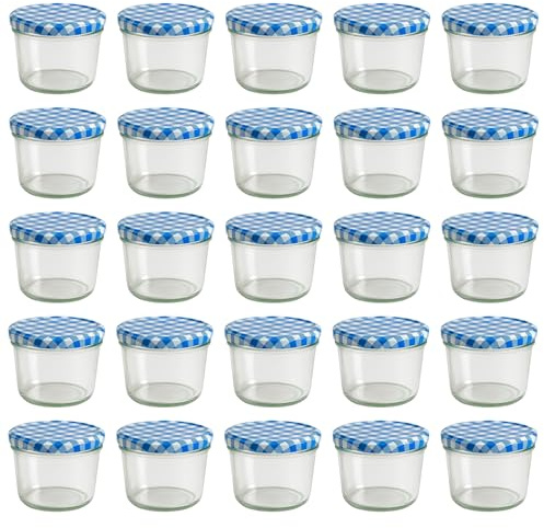 hocz 25x Marmeladengläser 230 ml | mit Deckel Blau Kariert TO 82 | mit Etiketten NZ | Einmachgläser mit Schraubdeckel zum befüllen | Sturzgläser Marmelade Schraubgläser | leere Gläser Set | 25 Stück