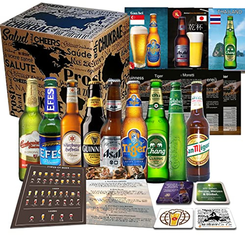 Biere der Welt 9 Flaschen Geschenk für Mann, Geburtstag +Bier Geschenk + Geschenkidee für Männer Geburtstag + Tasting Anleitung + 4x Bierdeckel + 9 x Hochwertige Produktbeschreibung
