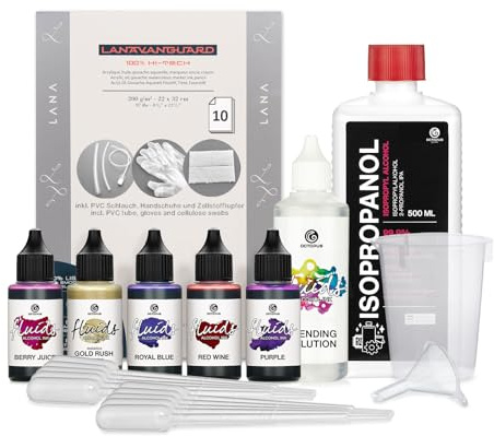 Octopus Fluids Alcohol Ink Starter Set Golden Eve, 5 x 30 ml | Komplettset mit aufeinander abgestimmten Alkoholtinten und Zubehör für den Einstieg in Alcohol Ink Art