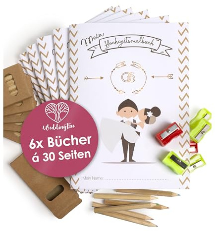 WeddingTree 6x Malblock - Malbuch für Kinder mit Buntstifte und Anspitzer - Gastgeschenke - Beschäftigung Hochzeit- Hochzeitsmalbuch, Weiß, A5