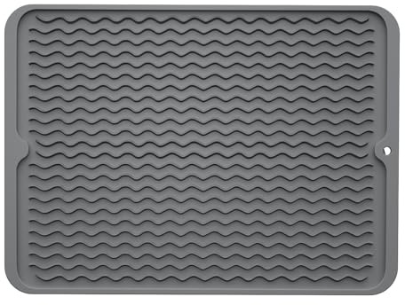 ZLR Silicone Dish Drying Mat for Kitchen Counter, Eco-Friendly Fast Dry Dish Mat, Easy Clean Multi Usage Drying Matt, Heat Resistant Trivet, 12 x 16 Large, Dark Gray