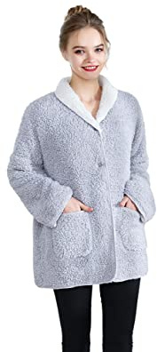 Loungees Women's Plush and Cozy Sherpa Reversible Button Front Bed Jacket