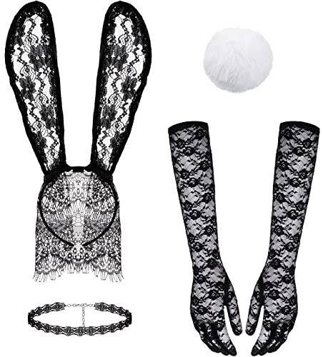 SATINIOR Diademas de Velo de Orejas de Conejo Collares de Gargantilla de Encaje Negro Guantes Largos de Encaje de Mujer Cola de Conejo Accesorio de Disfraz para Fiesta de Disfraces