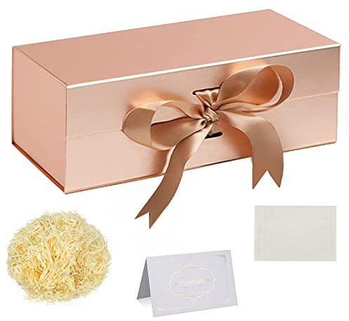 Roségold Geschenkbox mit Schleife 32x22x10cm Große Geschenkbox mit Magnetdeckeln zerrissenes Seidenpapier Grußkarten für Weihnachten Geburtstag Hochzeitstag