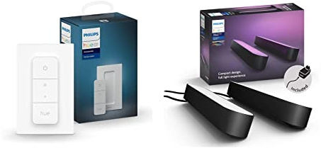 Philips Hue Dimmschalter Kabelloses Dimmen ohne Installation + White and Color Ambiance Play Lightbar 2-er Pack, Schwarz