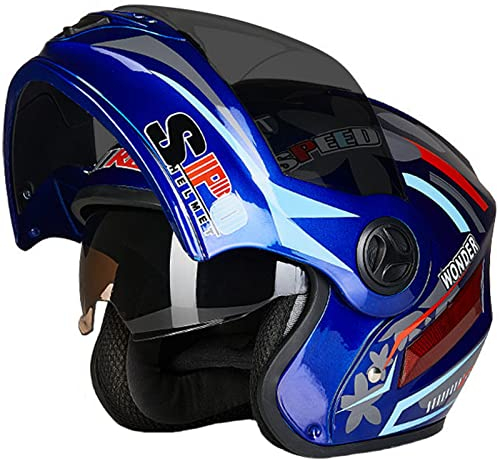Vollgesichts-Motorradhelm für Erwachsene für Männer und Frauen, modularer Klapphelm mit Doppelvisier, Moped-Straßenrennhelm mit reflektierender Platte, DOT/ECE-geprüft,Blau,One Size