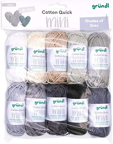 Gründl Set di lana di cotone Quick Mini sfumature di grigio per lavoro a maglia e uncinetto, 10 x 15 g, 100% cotone, 15 g/37 m, grigio