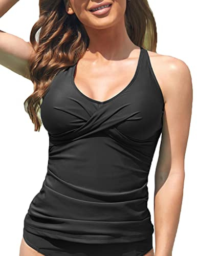 Fanuerg Tankini Top Solo Twist Front Costume da Bagno Top per Le Donne Tummy Control Tank Top Scollo A V Top No Bottom, Nero, XXL