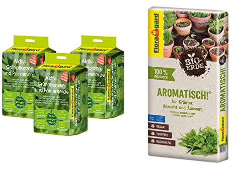Floragard Aktiv-Grünpflanzen- und Palmenerde 3x20 L • 60 L & Bio-Erde Aromatisch 1x40 Liter - für Anzucht und Aussaat sowie für Kräuter - torffrei und vegan