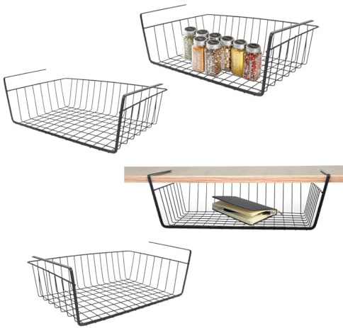 WEERSTONE Unterregal Aufbewahrungskorb, 4 Stück Hängekorb Metall Hängekorb Regal Unter Schrank Hängekorb Metall Korb-Organizer Regaleinhängekorb für Küche, Büro, Speisekammer, Bad, Schrank, Schwarz