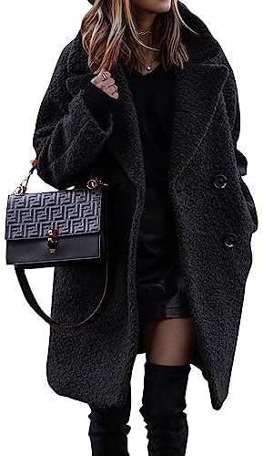 BTFBM Women Winter Faux Fur Coats 2026 Lapel Long Sleeve Fuzzy Fleece Outerwear Button Down Sherpa Jackets Fall Outfits(Black, Medium)