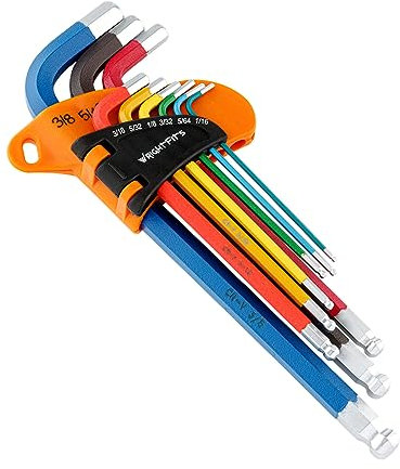 WrightFits Allen Key Set | 9 Pieces Anti-Slip Long Ball Imperial Hex Key Set | Color Coded - Long Arm Rubber Coated Hexagon Key - Allen Keys - 1/16 Inch to 3/8 Inch (Imperial)
