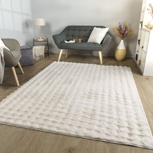 TT Home Wohnzimmer Teppich Esszimmer Langflor Skandi Optik Geometrisch 3D Unifarben, Farbe:Creme, Größe:120x160 cm