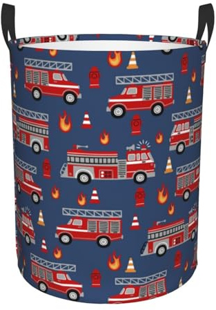 Fire Trucks Laundry Basket Waterproof Foldable Laundry Hamper with Durable Handle Circular Dirty Clothes Storage Basket for Bedroom Bathroom Dorm Office