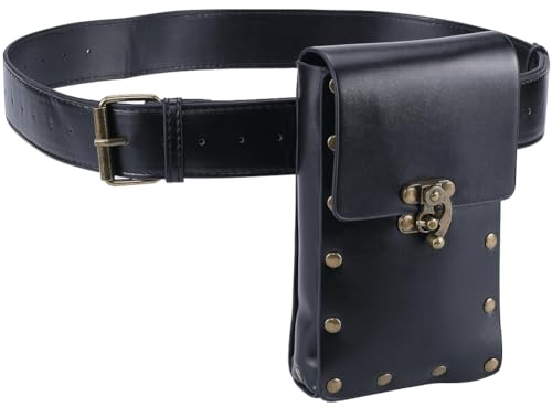 GORGECRAFT Vintage Black Waist Bag Medieval Leather Belt Pouch Set Cellphone Purse Holster with Alloy Clasp Renaissance Imitation Leather Wallet Holder for LARP Festival Props Costume Accessories