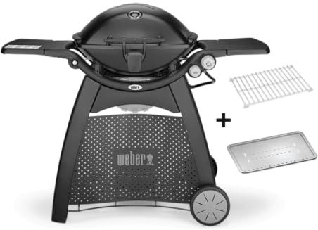 Weber Q3200 Barbacoa de Gas con Carrito + mesas Laterales, Superficie de cocción de 63 x 45 cm, 2 quemadores, termómetro en la Tapa, luz en el asa y Rejilla para Asar - Negro (57012349)
