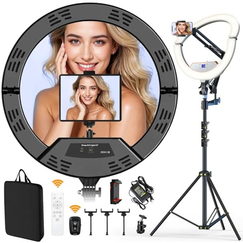 22 Anillo de luz LED Profesional con 75 Trípode,- Kit Completo para Fotografía/Streaming (Soporte Superior, Pantalla LCD, 2 USB, Control Remoto) Compatible con iPhone iPad Cámaras DSLR