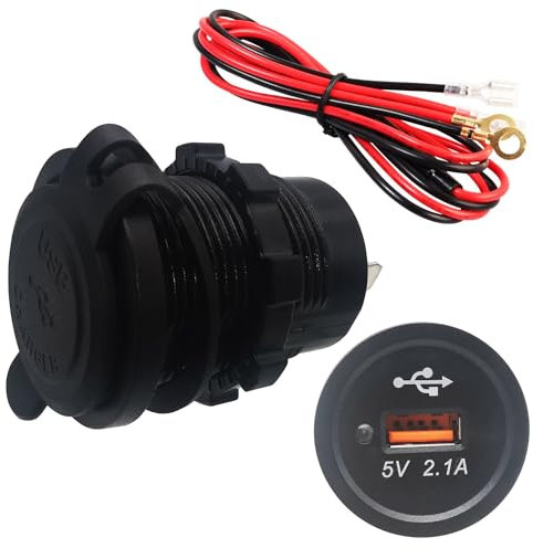 Presa USB per Auto, Dujelixa Caricabatteria da auto USB 5V/2.1A Presa di carica, 12V impermeabile con indicatore LED blu, Fusibile da 60 cm Adatto per auto, moto, yacht da 12V/24V(1 ​​pezzo)