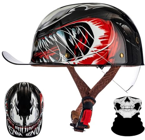 RQTEUYE Retro Halbschalenhelm mit ECE-Zulassung,Vintage Motorradhelm Baseball Cap mit Versenkbare Sonnenblende und Schnellverschluss,Cruiser Chopper Scooter Jethelm Herren Damen Helm M-XXL