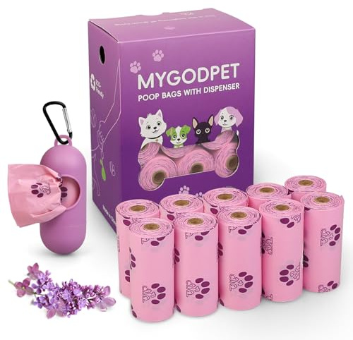 MYGODPET 150 Count Dog Poop Bags Rolls with Holder, Biodegradable Poop Bags for Dogs, Lavender Scented Dog Waste Bags, Leak Proof Cat Poop Bags, Purple