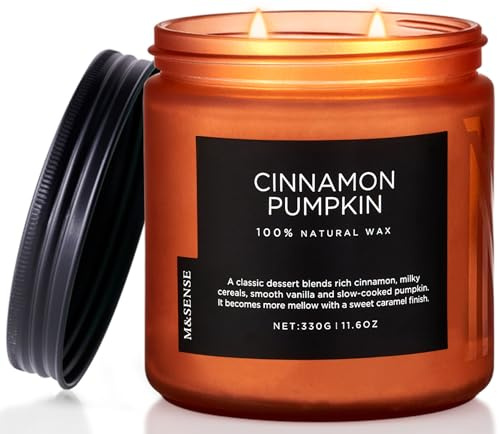 M&SENSE Cinnamon Pumpkin Scented Candles, 330g Natural Soy Wax 70 Hrs | Long Lasting Slow Burn Natural Non Toxic Decorative Candles Relaxation for Men Glass Jars Halloween Scented Candle