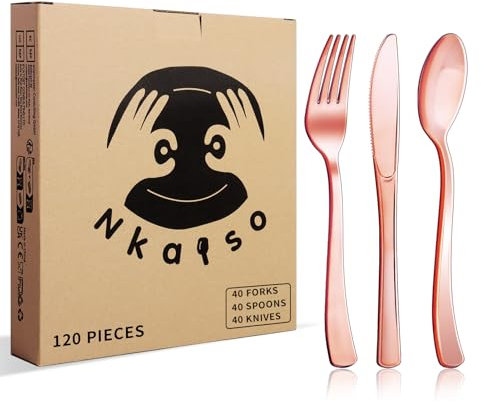 Nkaiso 120 Pièces Couvert Rose Doré en Plastique, Set Couverts de Fête Réutilisables,BPA-Freie, 40 Fourchettes, Cuillères et Couteaux, pour les Fêtes d'Anniversaire, Barbecues, Mariages et Camping