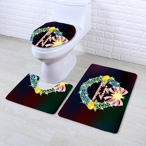Bad Teppiche Set Elegantes Grün Pink Badezimmerteppich Waschbar WC Vorleger mit Ausschnitt und WC Deckelbezug 3 Teilig Badematte rutschfest Toilettensitzbezug Badgarnitur 45x75 cm
