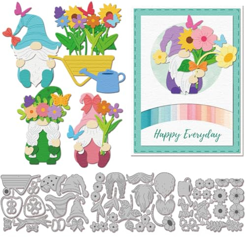 GLOBLELAND Frühling Szwerg Papierpräge Stanzschablonen Set Blumen Schmetterling Handwerk Stanzmaschine Schablonen Wagen Kessel Metall Stanzschablone Set für Kartenherstellung Papier Handgefertigtes