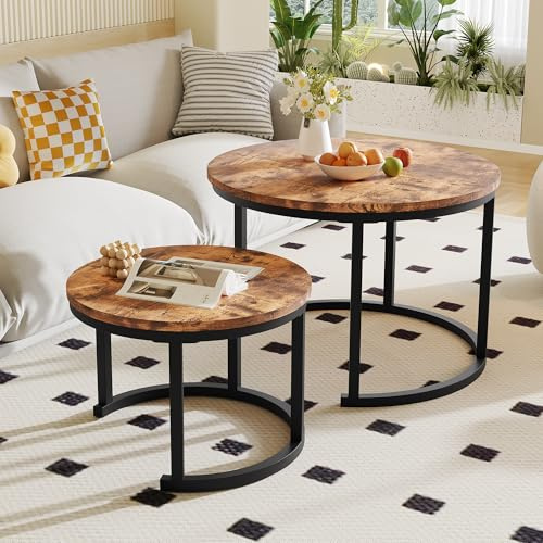 HOMERECOMMEND Couchtisch Rund 2er Set Couchtische Rund,Rustikales Braun | Moderne Couch Tisch mit Schwarz Metallgestell,Couchtisch Eiche, Nistbeistelltisch für Wohnzimmer