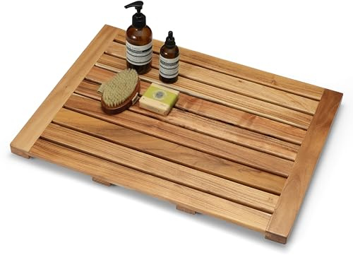 Perfnique Teak Shower Mat, Wood Bath Mat, Non-Slip Shower Mats for Bathroom&Bathtub, Sturdy Wooden Bath Mat for Spa Home or Outdoor (61x45 cm)