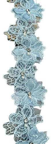 JIHUOO Perlenband mit Strasssteinen, Blumenverzierung, bestickt, Spitzenbordüre, Blumenapplikation, Band, Stoff, Nähbänder, elegante Kleidung, Bordüre, Box, Verpackungsbänder, blau