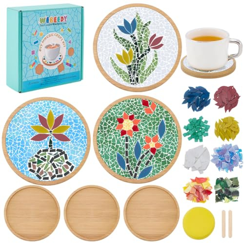WEBEEDY 3 Set DIY Blumen Mosaik Untersetzer Set Bunte Mosaikfliesen Mit 11cm Rundem Bambus Untersetzer Mosaik Untersetzer Bastelset Mit Anleitung Für Erwachsene Anfänger