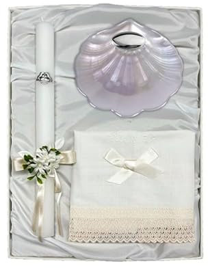 Estuche Paño de Lino, Vela y Concha Bautismo (Grabado incluido) (Concha cristal nacarado)