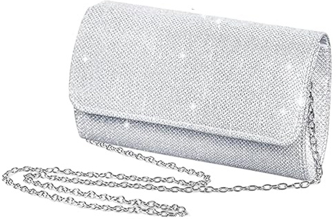 KRYMXAR Clutch Silber Glitzer, Elegante Abendtasche für Damen, Handtasche mit Kette, Handtasche Silber, Perfekt für Hochzeit, Party und Formelle Anlässe