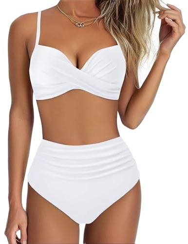 Women's High Waisted Bikini Set 2 Pieces Tummy Control Push Up Swimsuit and Skirt Twist Front Bikini V Neck Sexy Swimming Costume Ladies Swimwear (B-White, L)