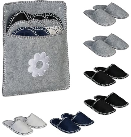 Relaxdays Gästehausschuhe 6 Paar, Hausschuhe Set mit Tasche, Größen 36-45, Filzpantoffeln, Antirutsch-Sohle, Mehrfarbig