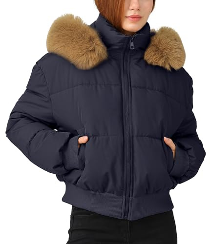 Maeau Women Quilted Jacket Cropped Puffer Jacket Hooded Short Winter Coat Zip Up Warm Padded L Blue
