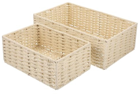 DIKACA 2 piezas Cestas Tejidas de Papel Natural para Escritorio Cesta de Almacenamiento Pequeña y Mediana para Organizar Baño Dormitorio y Oficina Resistente y Decorativa