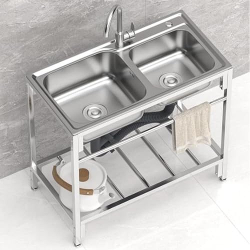 Lavello da cucina in acciaio inox per uso commerciale, doppia vasca, autoportante, con rubinetto caldo/freddo, ideale per catering e lavanderia