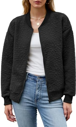 Famulily Fall Jackets for Women 2025 Chic Jacquard Coats Long Sleeve Solid Color Streetwear with Utility Pockets Black L