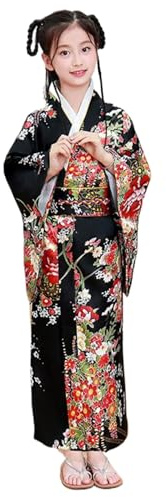 Suxdlan Costume de Geisha en soie imprimé floral pour filles, kimono pour enfants avec nœud au dos, Yukata pour cosplay et Halloween (taille 130)