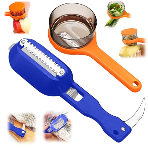Vegetable Peeler with Container & Fish Scale Remover Set,Peeling Knife with Catcher Storage Box Fish Scaler Remover for Kitchen (Orange + Blue)