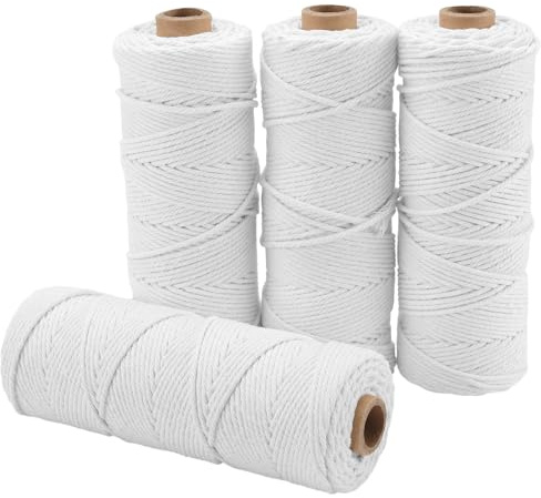 JOIKIT 4 Rolls x 100m Cotton Twine, 2mm White Cotton String, Macrame Cord 328ft for Art, DIY Crafts, Decorating, Gardening