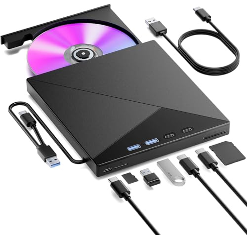 Lettore CD DVD Esterno per PC, Masterizzatore DVD CD Externo, USB 3.0 Type C Lettore CD Esterno con 4 Porte USB e Lettore di Schede TF/SD per Laptop/Desktop/Windows 11/10/8/7/XP/Vista/Linux