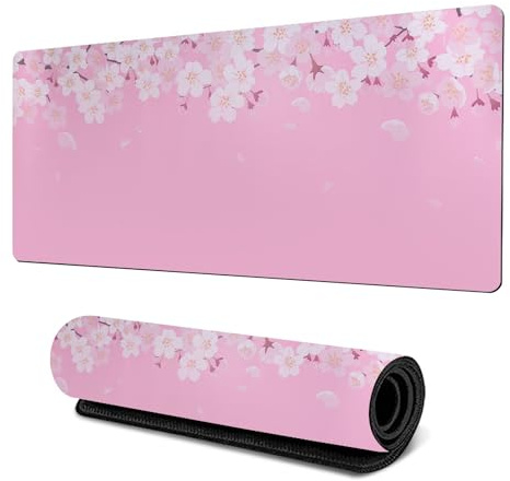 XSDSLS Gaming Mouse Pad 800x300mm Large Gaming Mouse Mat Japanese Cherry Blossom Mouse Pad Stitched Edges Keyboard Desk Pads Gaming Mousepad with Non-Slip Rubber Base (Pink)