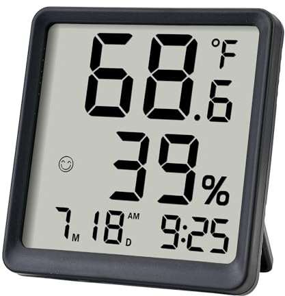 Igrometro e Termometro da Interno per la Casa, Misuratore Digitale di Temperatura e Umidità con Indicatore di Comfort, Orologio, Calendario, Termometro da Tavolo con Misuratore (Nero)