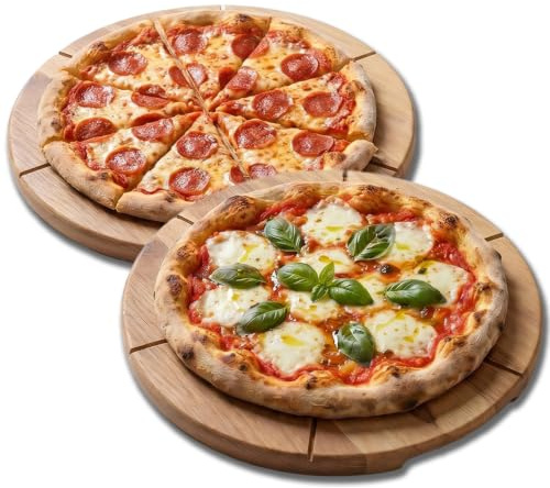 Pizzateller Holz 2er Set mit Griffmulden aus leichtes Buchenholz 33 cm | 33 cm, Schneidrillen, Erleichtert das Schneiden, Leicht zu reinigen, Hitzebeständig, Für Pizza Snacks und Käse