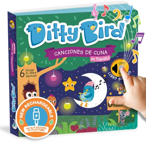 Ditty Bird Livre de Comptines Espagnoles | Livres Musicaux Bilingues pour Tout-Petits, Coucher | Livres Sonores Amusants et Interactifs pour Bébés et Tout-Petits | Livre en Espagnol pour Bébés