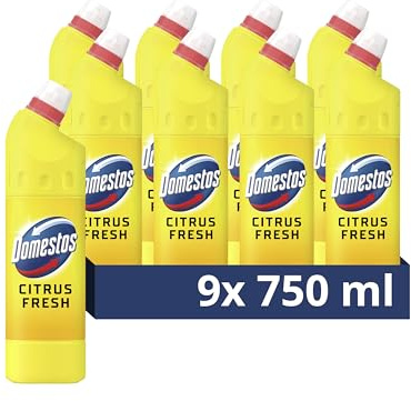 Domestos Citrus Fresh Thick Bleach disinfectant that eliminates 99.99% of bacteria and viruses* unstoppable limescale prevention 9x 750 ml