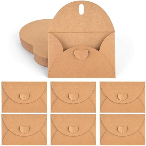 HAKACC 100 Stück Mini Briefumschläge Kraftpapier, Kuverts für Hochzeit | 10.5x7 cm Kleine Umschläge mit Herzverschluss, Kraftpapier für Valentinstag , Geburtstag und DIY Basteln Briefumschläge